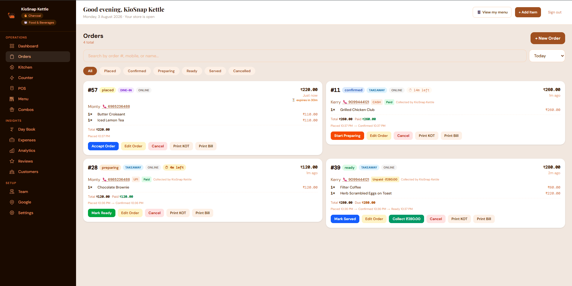 KioSnap order board showing orders moving through stages